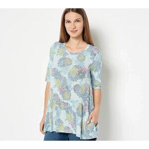 LOGO by Lori Goldstein Printed Slub Knit Peplum Top Blue,Small